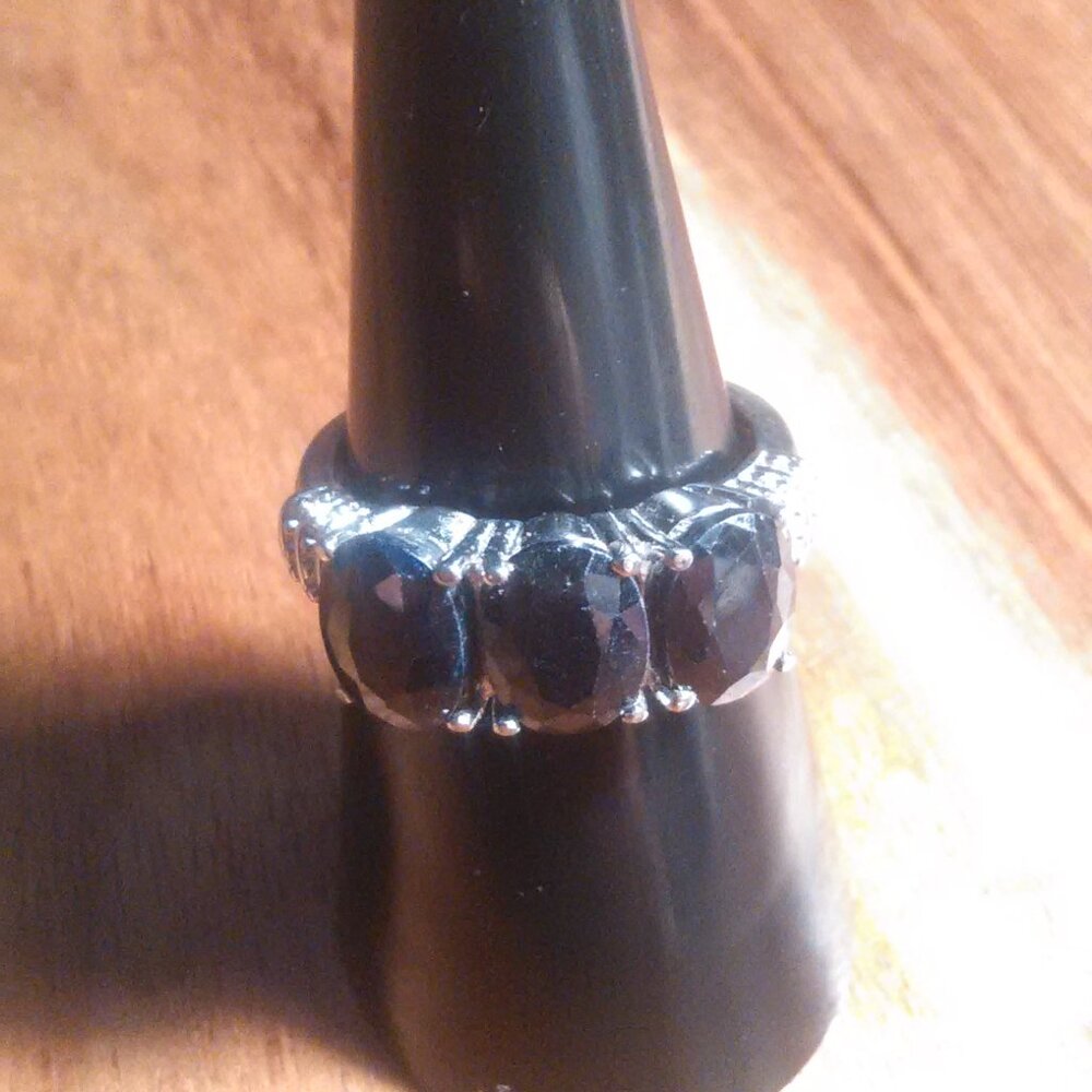 Midnight Sapphire Three Stone Stainless Steel Ring (Size 7) - Picture 11 of 14